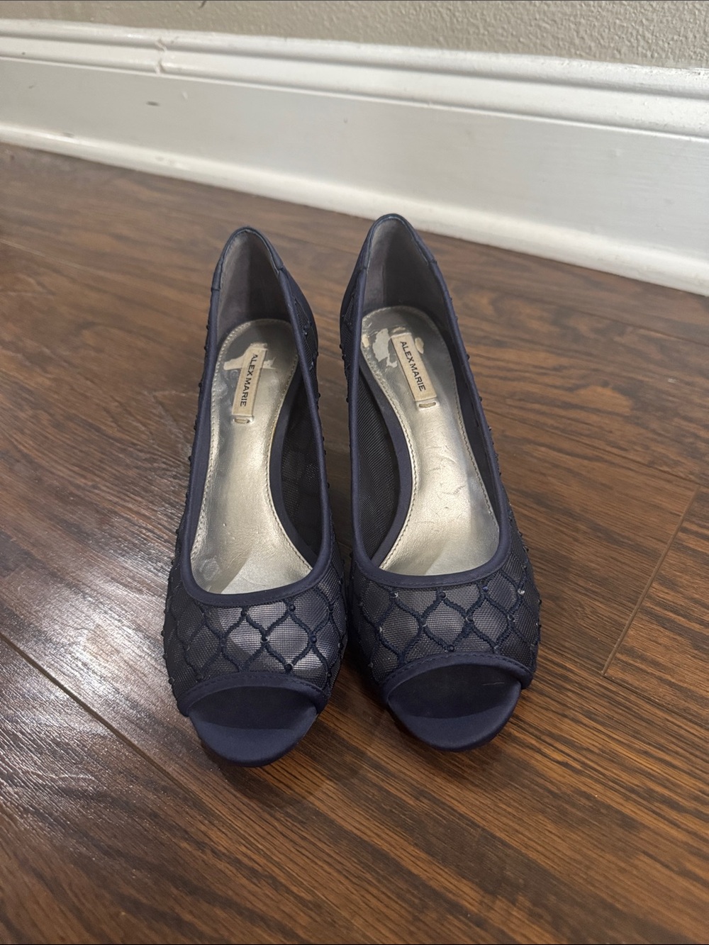 Alex Marie Navy Mesh Peep-Toe Heels
